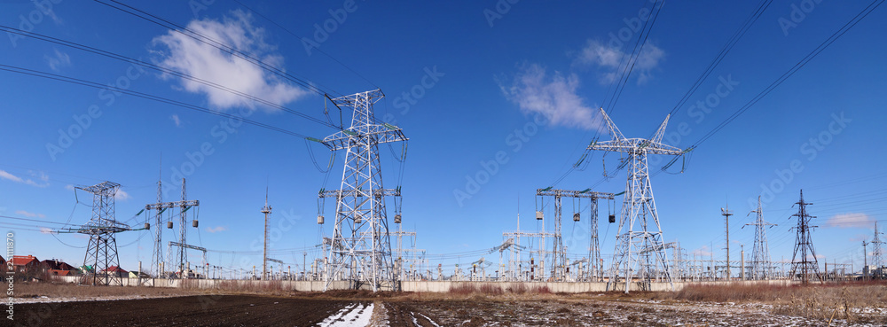 Panoramic image of high voltage substation.