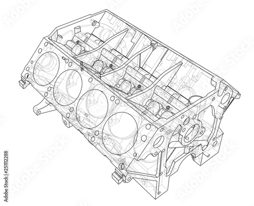 Engine block sketch. Vector rendering of 3d