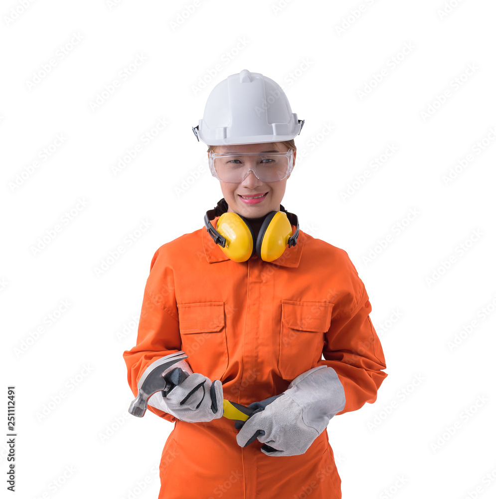 portrait of a woman worker in Mechanic Jumpsuit is holding hammer isolated on white background portrait of a woman worker in Mechanic Jumpsuit is holding hammer isolated on white background