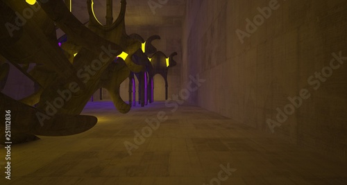 Abstract Concrete Futuristic Sci-Fi Gothic interior With Yellow And Violet Glowing Neon Tubes . 3D illustration and rendering.