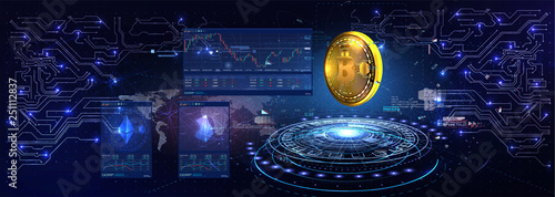 Coin conceptual background with blue glowing electric lights in style hud. Modern bright banner, site template with place for your text.