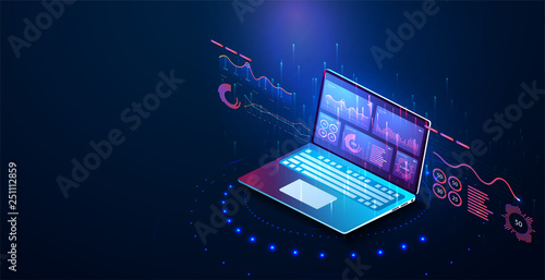 Application of laptop with business graph and analytics data on isometric laptop . Analysis trends and financial strategy by using infographic chart. Online statistics and data Analytics. Vector
