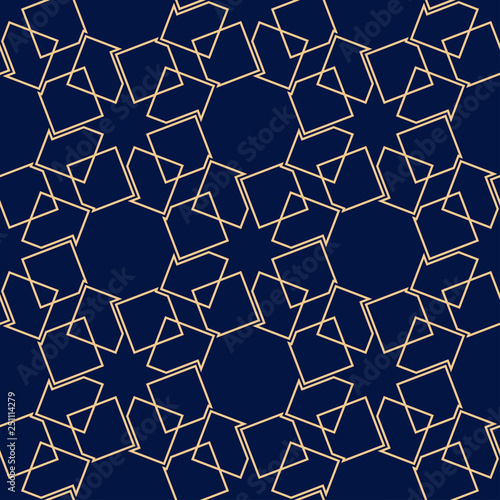  Geometric square print. Golden pattern on dark blue seamless background © Liudmyla