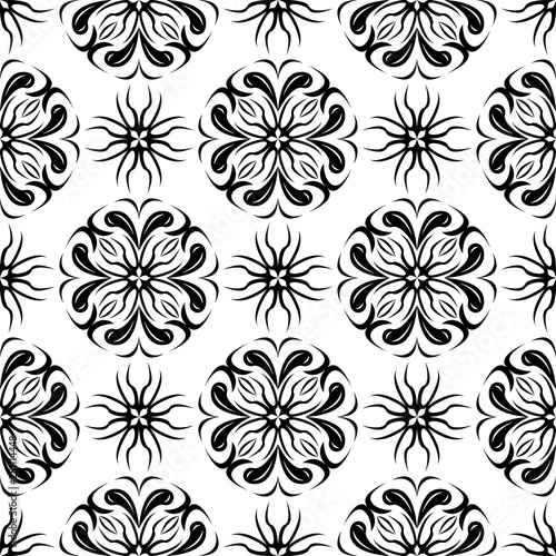 Floral seamless decorative design. Black and white monochrome pattern