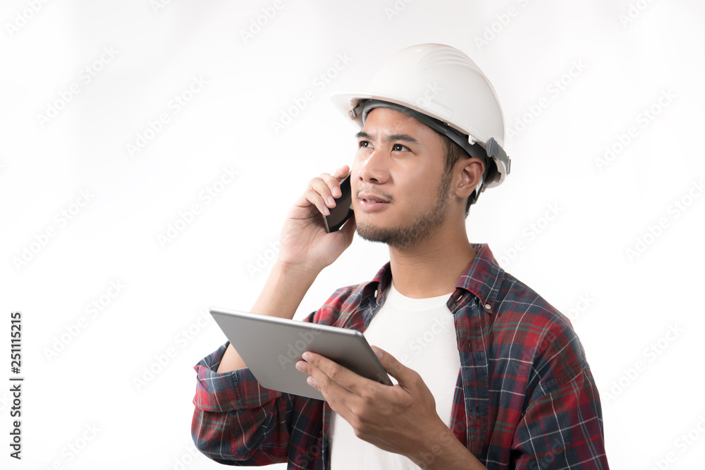 Portrait of asian engineer using smartphone and tablet isolated on white background Portrait of asian engineer using smartphone and tablet isolated on white background