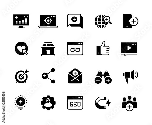 Inbound marketing black icons. Lead social media, ads campaign, web site business promotion. Influence marketing vector pictograms set