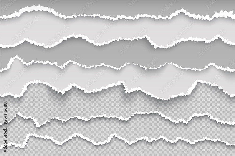 Rip paper page. Torn page transparent grunge border, broken white cardboard, rough damaged scrapbook texture. Vector scrap paper textura