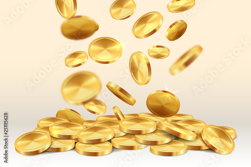 Falling golden coins. Money rain casino jackpot 3D realistic gold game winning treasure. Vector illustration of falling coin