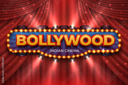 Indian cinema background. Bollywood film poster with red drapes, 3D realistic movie award stage. Blue vector Bollywood cinematography photo