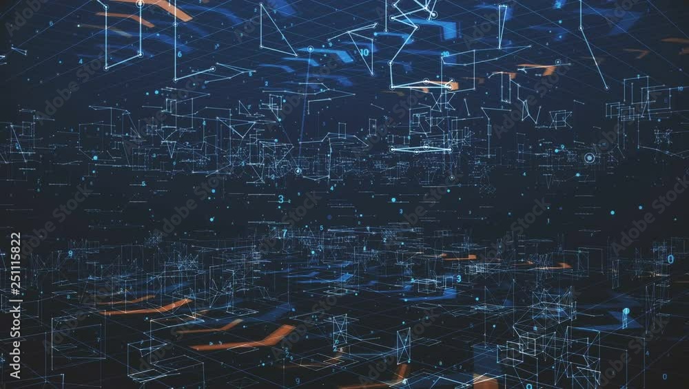 Looped abstract background with digital buildings and visual animation of random numbers and tech futuristic elements. Ideal for corporate presentations, architectural companies, stock exchanges.