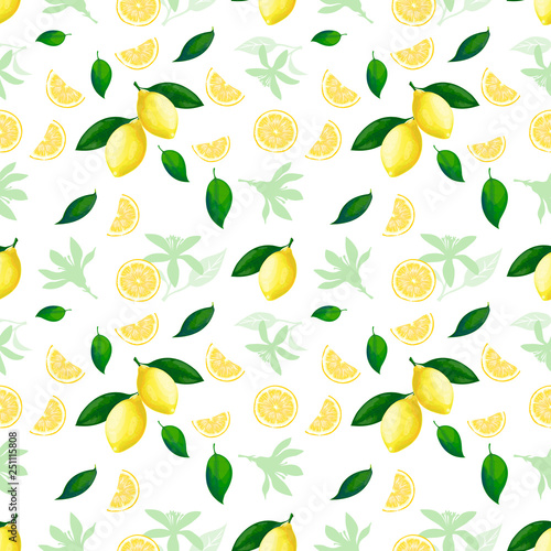 Lemon seamless pattern. Lemons cocktail citrus fruit texture summer yellow fresh repeating vector seamless background
