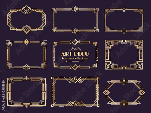 Art deco borders set. Golden 1920s frames, nouveau luxury geometric style, abstract vintage ornament. Vector art deco elements set