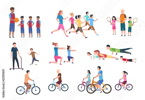 Physical activity. People flat fitness set with parents and children in sport activities. Isolated activity vector illustration