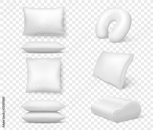 Realistic white pillows. Vector 3d comfortable cushion square anatomical. Template, mock up of white fluffy cushion for relaxation, sleep, nap, bedding, rest
