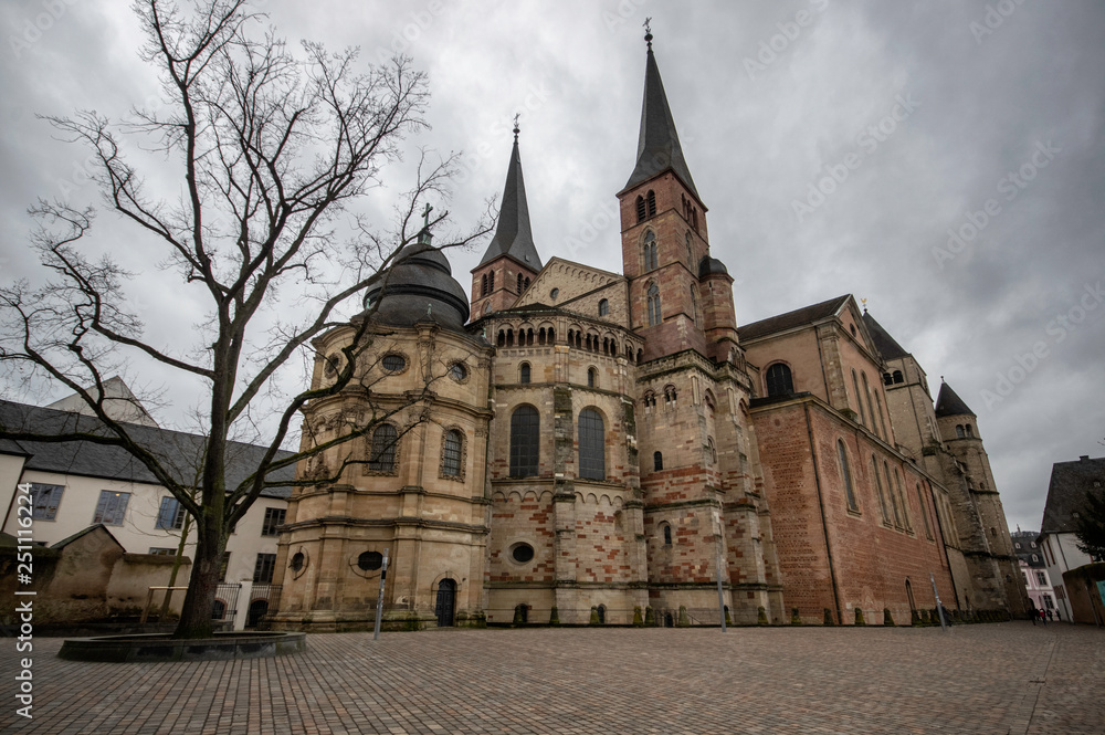 Trier / Germany - February 9 / 2019 : backside view of Saint Peter's cathedral at a cloudy day and a tree at side of it