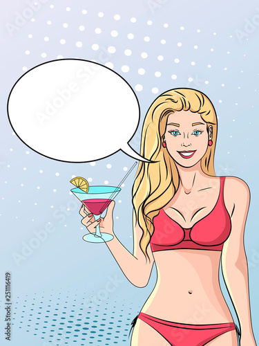 Pop art background, imitation of comics style. A beautiful girl in a bathing suit with a glass of cocktail walks along the beach. Vector text bubble