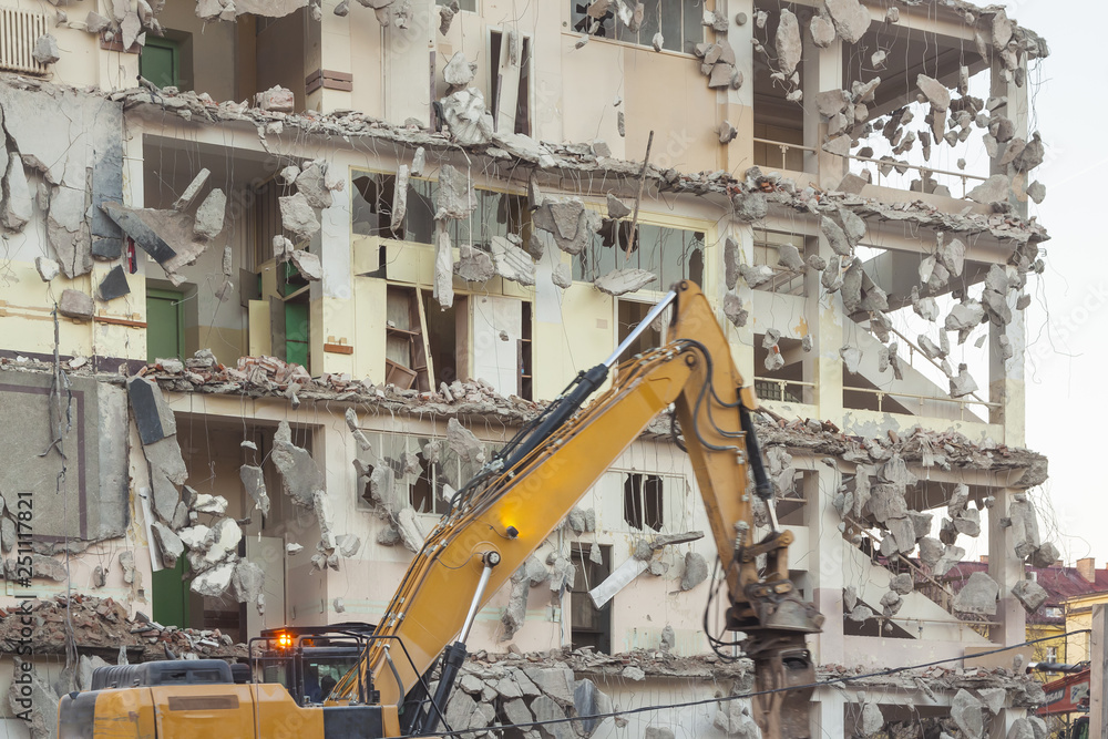 Builing Being Demolished, Buldozzers, Motion Blurred Builing Being Demolished, Buldozzers, Motion Blurred