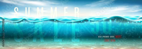 Summer sale promo banner. Vector illustration with deep underwater ocean scene. Background with realistic clouds, sea horizon and marine bottom with seashells.