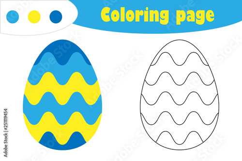 Decoration egg in cartoon style, coloring page, easter education paper game for the development of children, kids preschool activity, printable worksheet, vector illustration