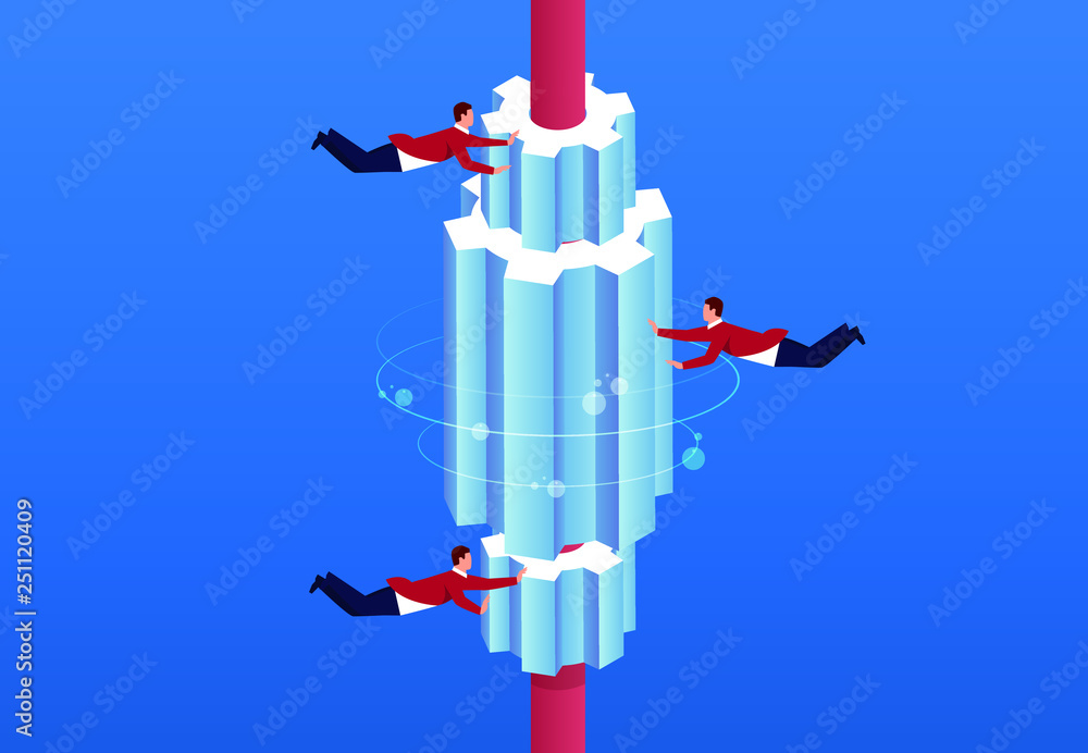 The team is pushing the huge gears in the air, teamwork business development The team is pushing the huge gears in the air, teamwork business development