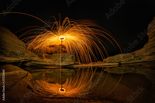 Reflection of Light painting at Sam Pan Bok the Grand Canyon in Thailand, Ubonratchathani.