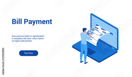 Isometric landing page template for bill payment. Vector illustration mock-up for website and mobile website