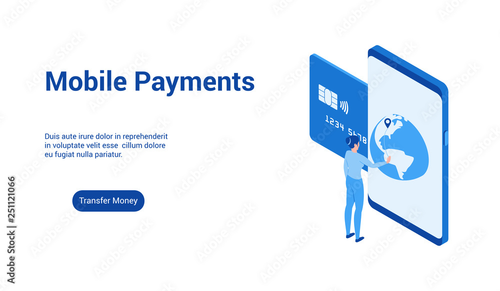 Isometric landing page template for mobile payments. Vector illustration mock-up for website and mobile website Isometric landing page template for mobile payments. Vector illustration mock-up for website and mobile website