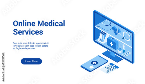 Isometric landing page template for online medical service. Vector illustration mock-up for website and mobile website