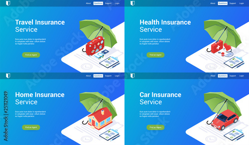 Isometric landing page templates for insurance services. Vector illustration mock-up for website and mobile website