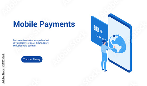 Isometric landing page template for mobile payments. Vector illustration mock-up for website and mobile website