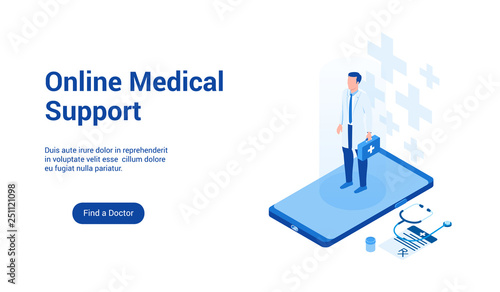 Isometric landing page template for online medical support. Vector illustration mock-up for website and mobile website