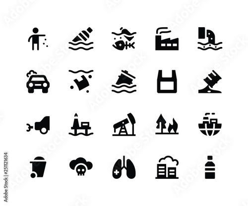 Simple Set of Pollution Related Vector Glyph Icons. Contains such Icons as litter, bottle, factory, drainage, garbage and More. pixel perfect vector icons based on 32px grid. Well Organized 