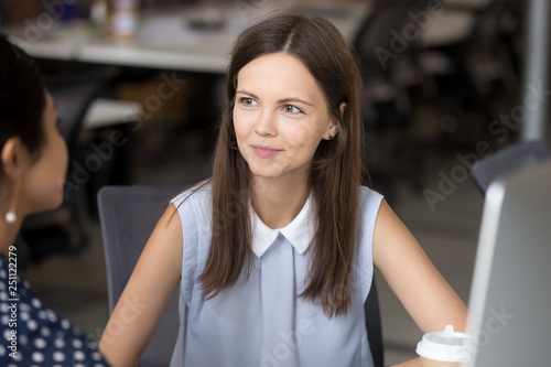 Headshot of woman talking with colleague in office Free Download Headshot of woman talking with colleague in office - GFXLoad