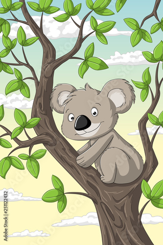 Cut koala on a tree with clouds in background