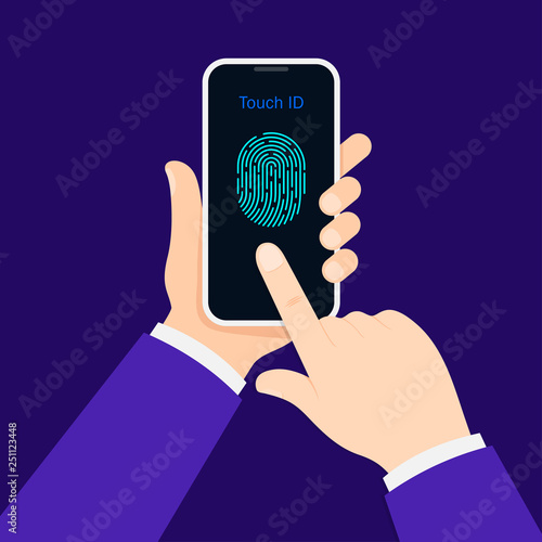 Man hold mobile phone to unlock with finger. Fingerprint security on smartphone.
