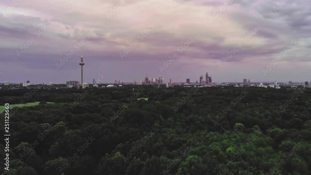 Aerial view of Frankfurt at dusk the blue hour. Move Left Aerial view of Frankfurt at dusk the blue hour. Move Left