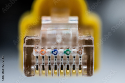 Close-up image of cables rj45, utp, ethernet. Cables with yellow thread or yellow hood.  Concept about internet, networks, global connection, ...