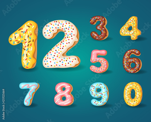 Font of donuts. Bakery sweet alphabet. Alphabet numbers Donut icing colors style 0,1,2,3,4,5,6,7,8,9 ,0. Vector illustration