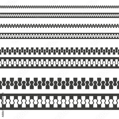 Monochrome vector illustration of a zipper lock seamless pattern, isolated on a white background.