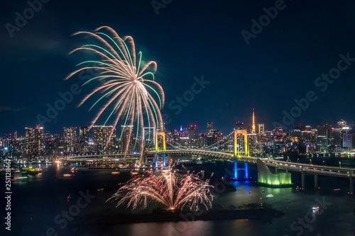 東京お台場　都市の夜景と花火 6