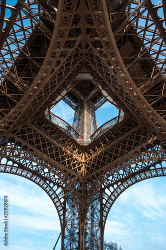 Wide shot of Eiffel Tower with blue sky in Paris