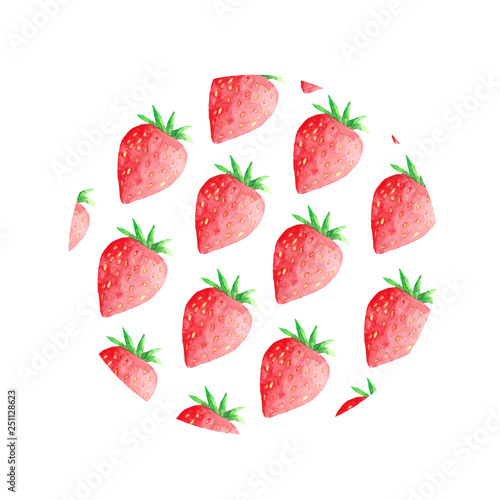 watercolor set with strawberries in a circle, strawberries in a heart