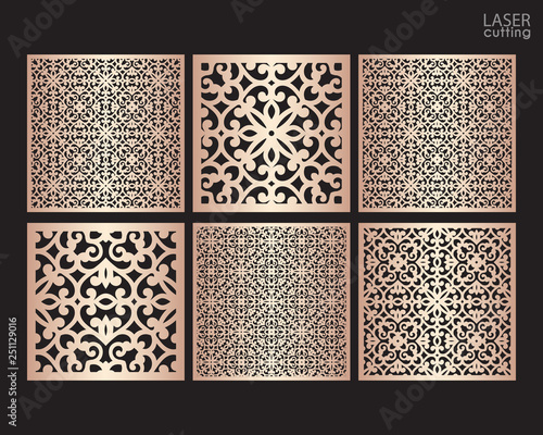 Laser cut ornamental square panels set with pattern, template for cutting. Wedding invitation or greeting card template. Cabinet fretwork screen. Metal design, wood carving.