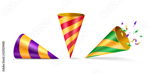 Set of isolated party hat or cone hat with confetti. 3d or realistic conical costume accessory with ribbon for happy birthday or anniversary celebration. Clown headdress at kid or children event.