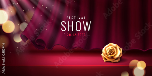 Theater stage and red curtain for festival banner template. Theatre background with flower for event or entertainment show. Circus or nightclub, bar poster with golden rose for performance. Showtime