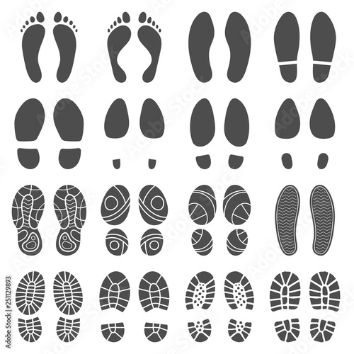 Footprints silhouettes. Barefoot steps prints, boots step and foot feet print isolated vector silhouette illustration