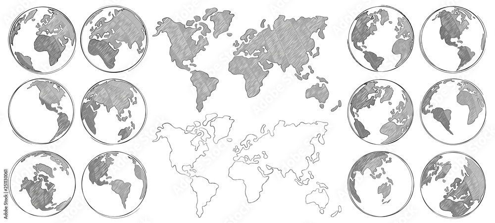 Szkicowana Mapa. Ręcznie rysowane kuli ziemskiej, rysunek mapy świata i globusy szkice na białym tle ilustracji wektorowych <span>plik: #251130061 | autor: Tartila</span>