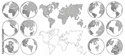 Sketch map. Hand drawn earth globe, drawing world maps and globes sketches isolated vector illustration