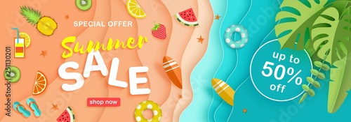 Summer sale maritime vector background with a beach, tropical leaves, fruits