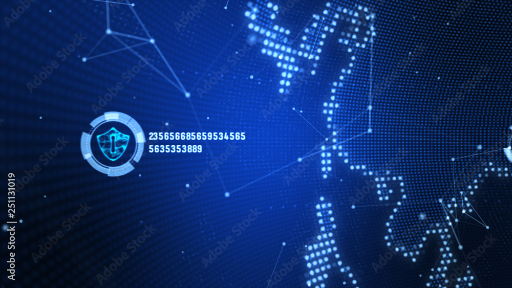 Fototapeta premium Shield icon on secure global network, Technology network and cyber security concept. Protection for worldwide connections. Earth element furnished by Nasa